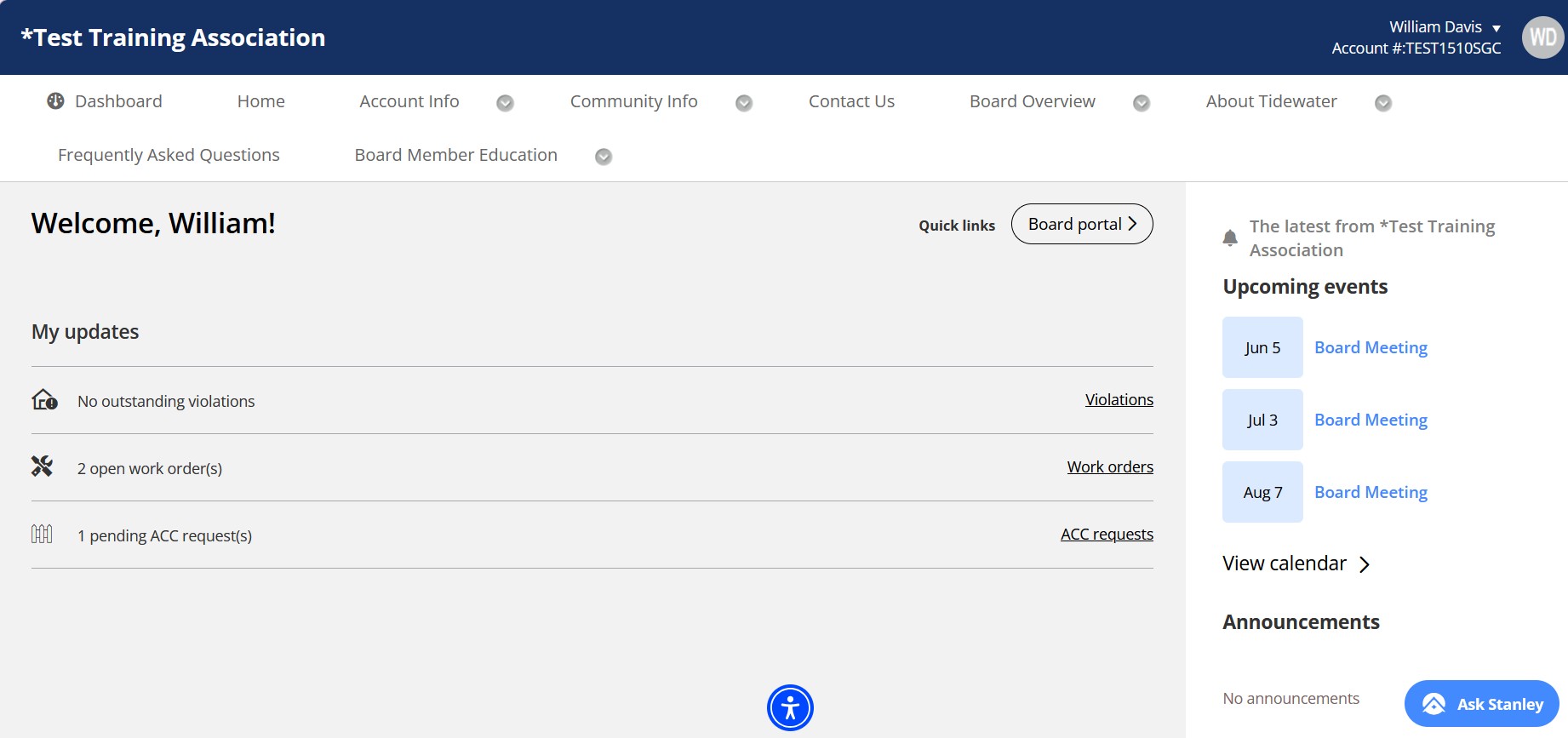 Tidewater CINC board portal dashboard showing violations, work orders, ACC requests, upcoming meetings, and the Stanley AI assistant