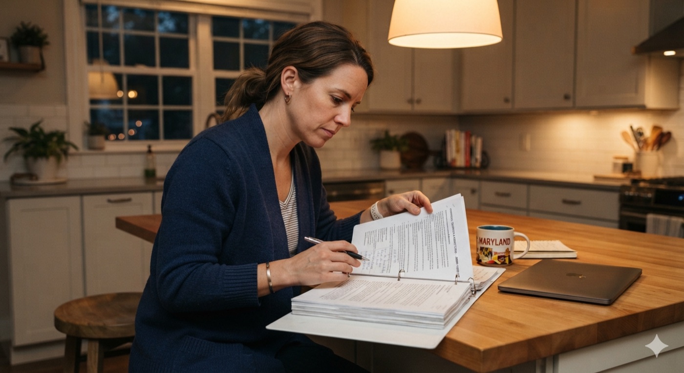 HOA board member reviewing the association's governing-documents binder at her kitchen table