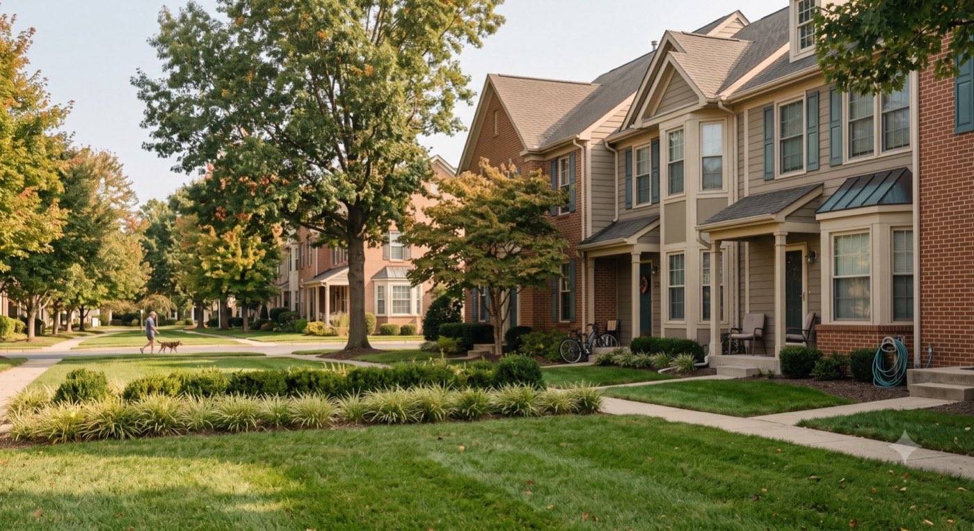 Well-maintained townhome community common area managed under an HOA budget