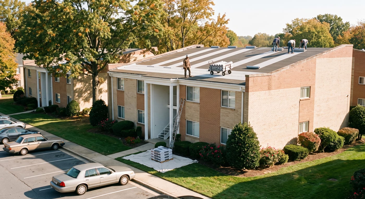 Roofing crew replacing the flat roof on a brick garden-style condominium community, a planned capital project funded through association reserves