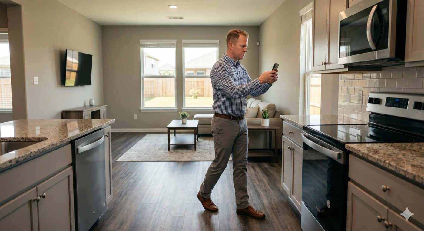 Landlord conducting a rental property inspection and documenting condition with a phone camera