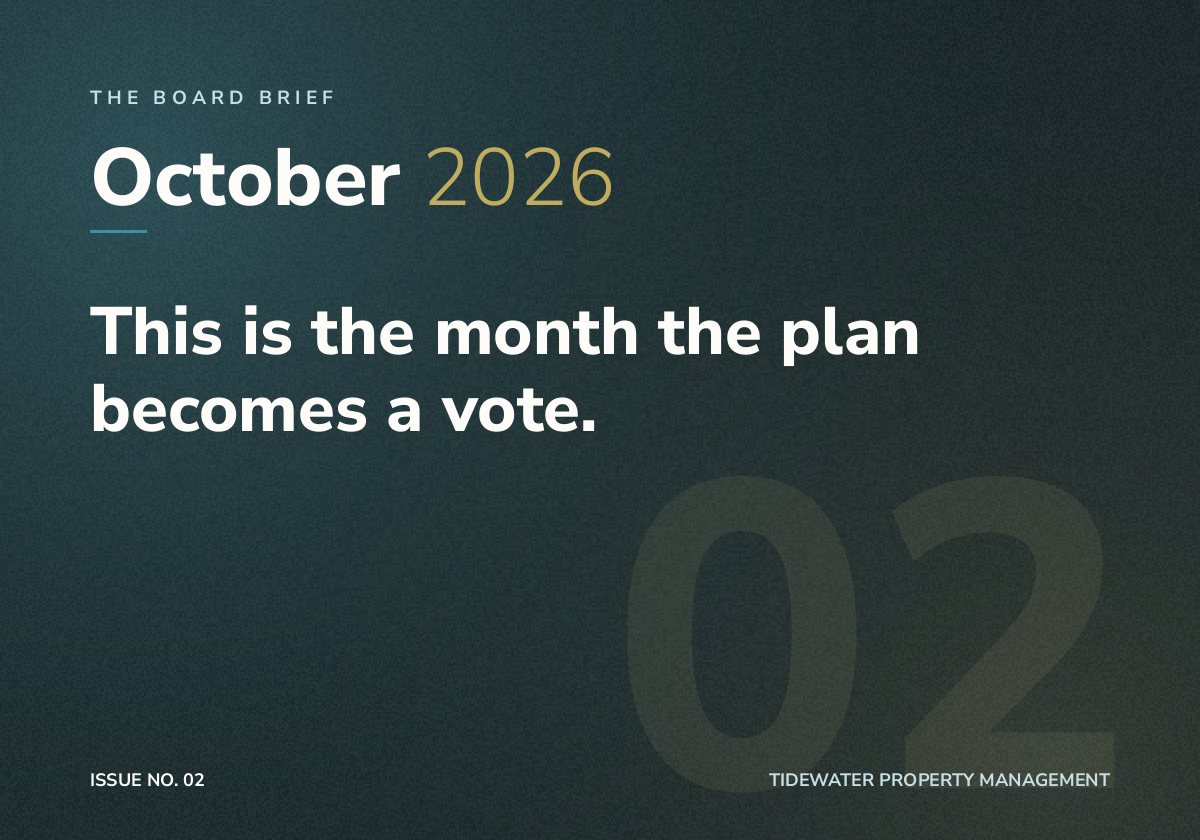 The Board Brief, Issue No. 02, October 2026 — “This is the month the plan becomes a vote.”