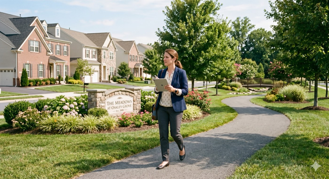 Tidewater community association manager walking through a planned neighborhood in Maryland, holding an iPad during a site inspection