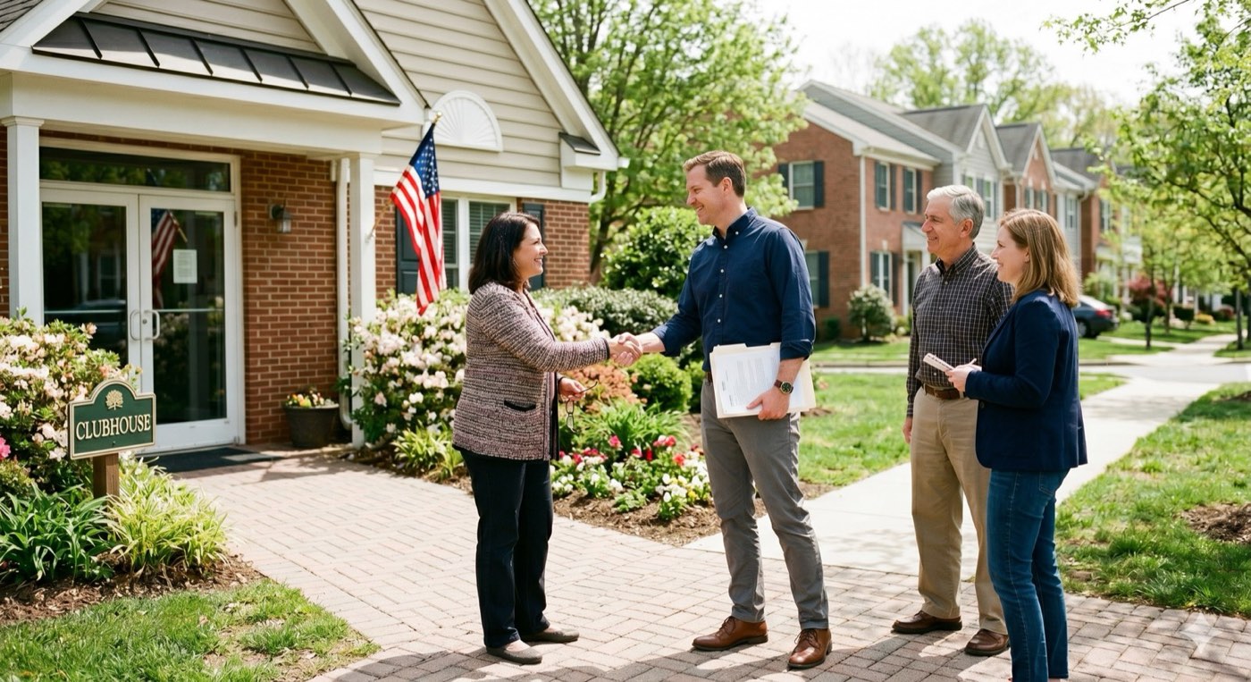 Community association manager shaking hands with HOA board members outside a community clubhouse