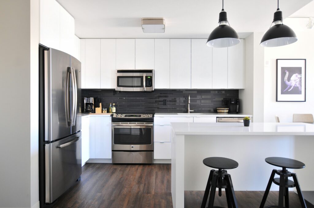 Kitchen in rental home decorated for staging